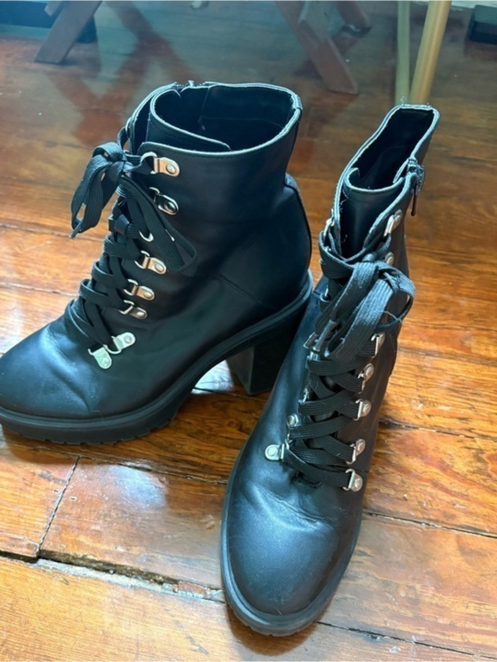 Steve Madden Black Leather Lace-Up Block Heel Boots